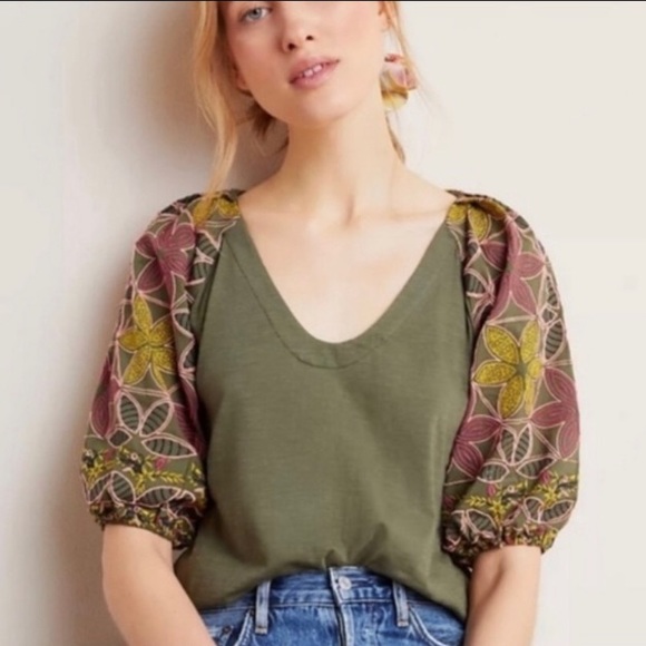 Anthropologie Tops - S ANTHROPOLOGIE Puffy Floral Green Shirt spring blouse